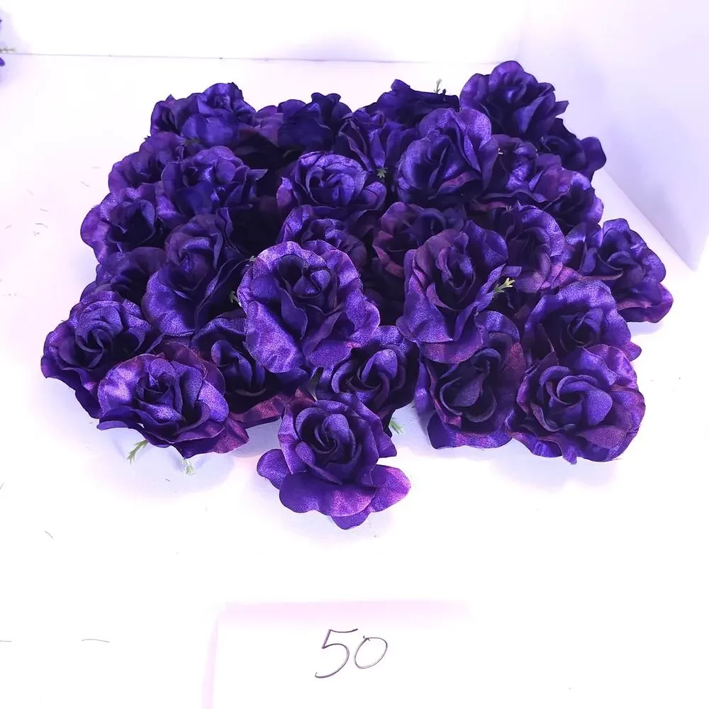 50 Purple Satin Rose Heads Stemless Wedding Floral Craft DIY Wreath 2.5in